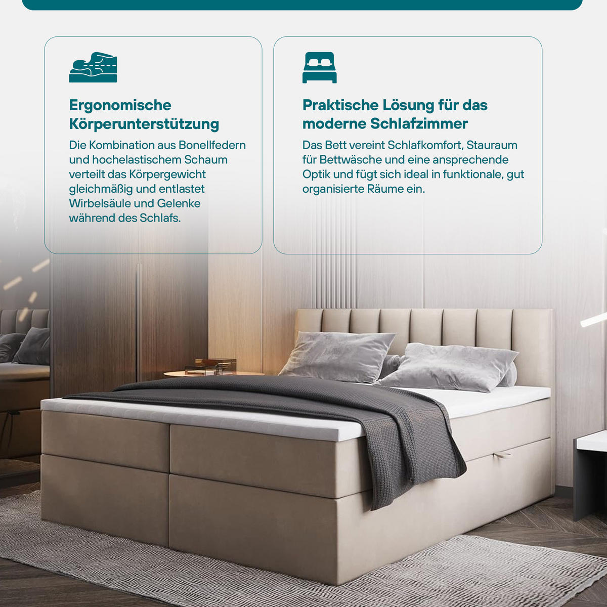 BOXSPRINGBETT PALERMO mit Bettkästen und Bonell Matratze H3 - Beige - 180x200 cm - Beige, Textil (180/200cm) - Trada