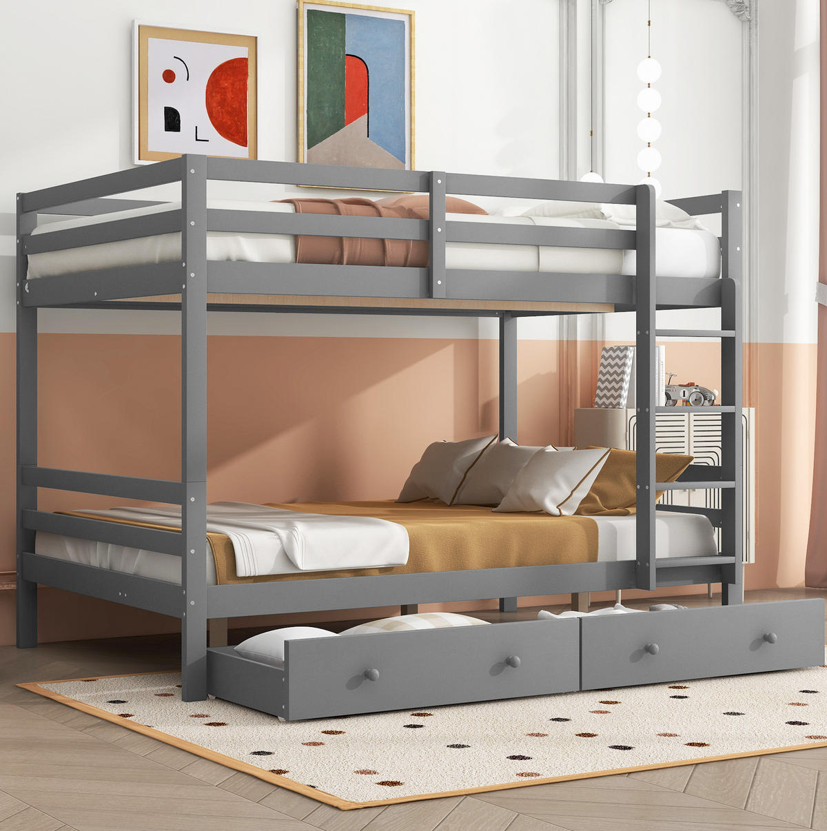 ETAGENBETT 140/200 cm mit Stauraum, Schublade, hoher Absturzsicherung und Treppe aus Kiefer , Grau - Grau, Holzwerkstoff (140/200cm) - Redom