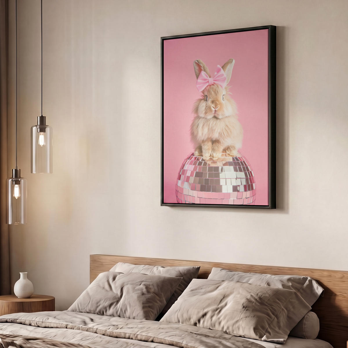 LEINWAND Bilder mit Rahmen - Schleife - Discoball - Kaninchen - 50x70 - Pink, Textil (50/70cm) - MuchoWow
