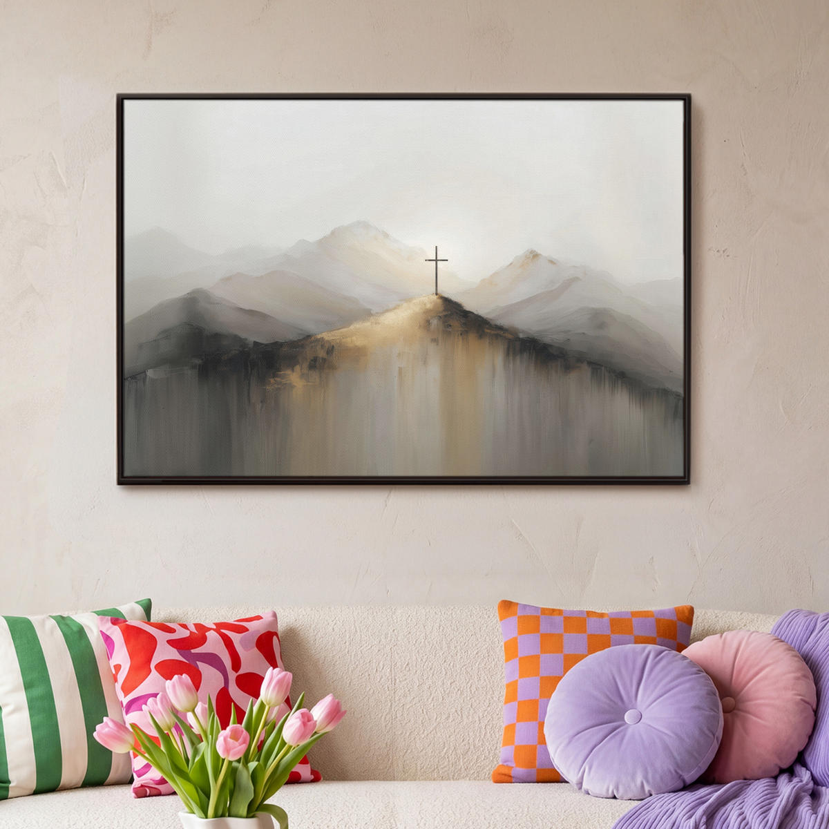 LEINWAND Bilder mit Rahmen - Hügel - Abstrakt - Kreuz - Christentum - 90x60 - Beige, Textil (90/60cm) - MuchoWow