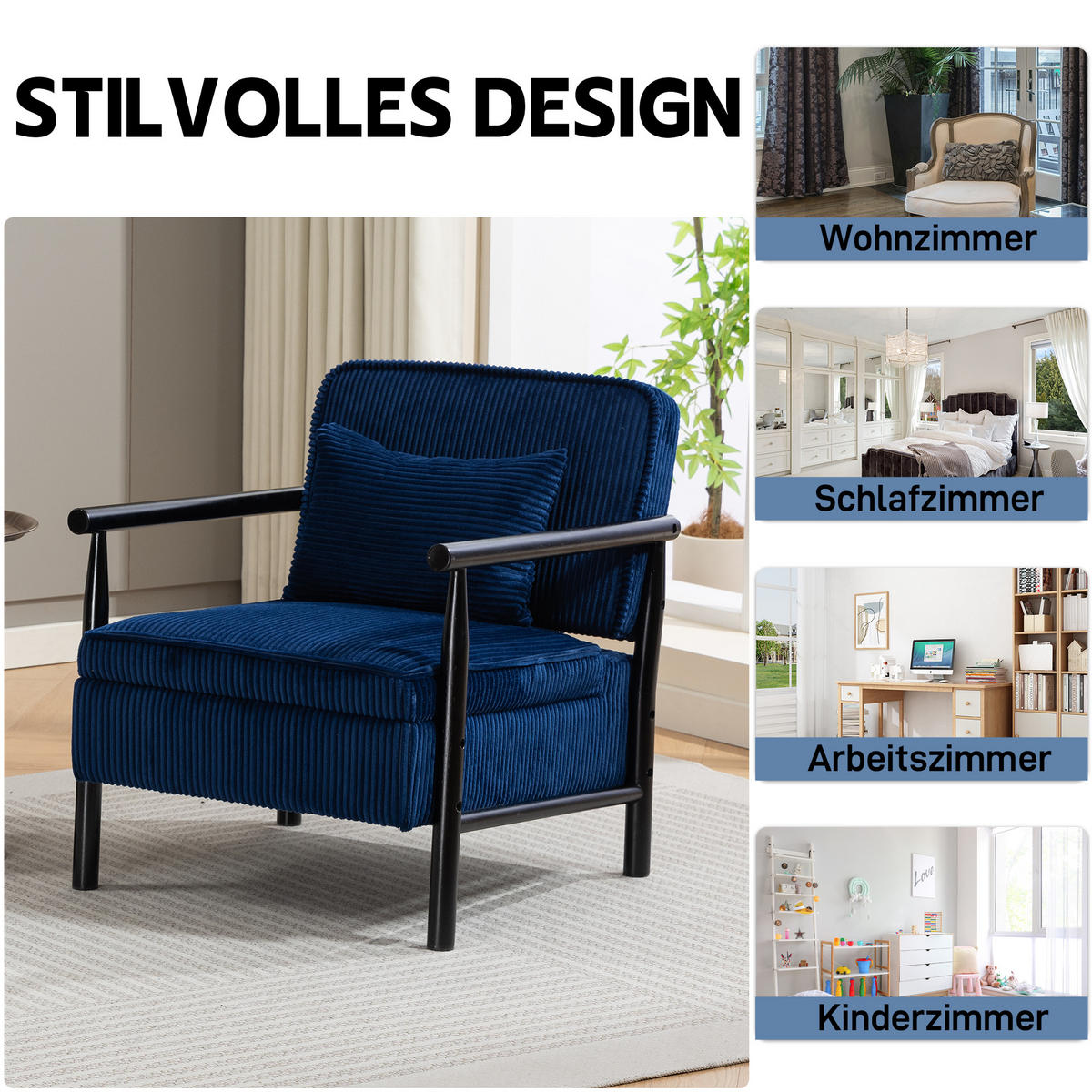 SESSEL Samt Blau mit Lendenkissen und Ablage - Blau, Holzwerkstoff/Textil (93/73/66cm) - WISHDOR