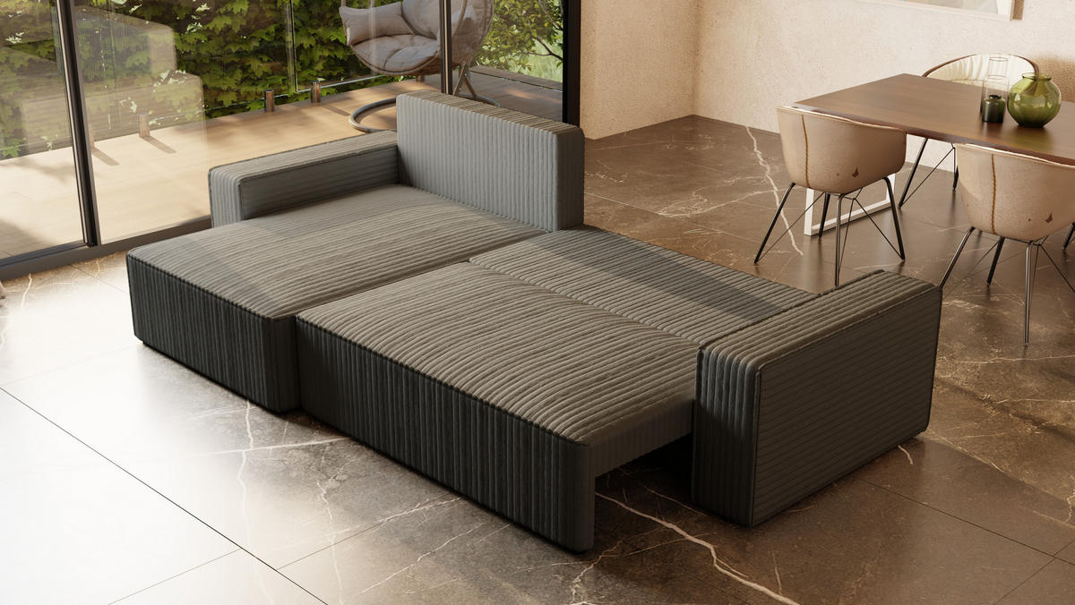 ECKSOFA Tobi mit Bettkasten und Schlaffunktion, L-Form/XL-Form, Cordstoff, Universal - Grau, Holzwerkstoff (276/145cm) - 4ALL HOME