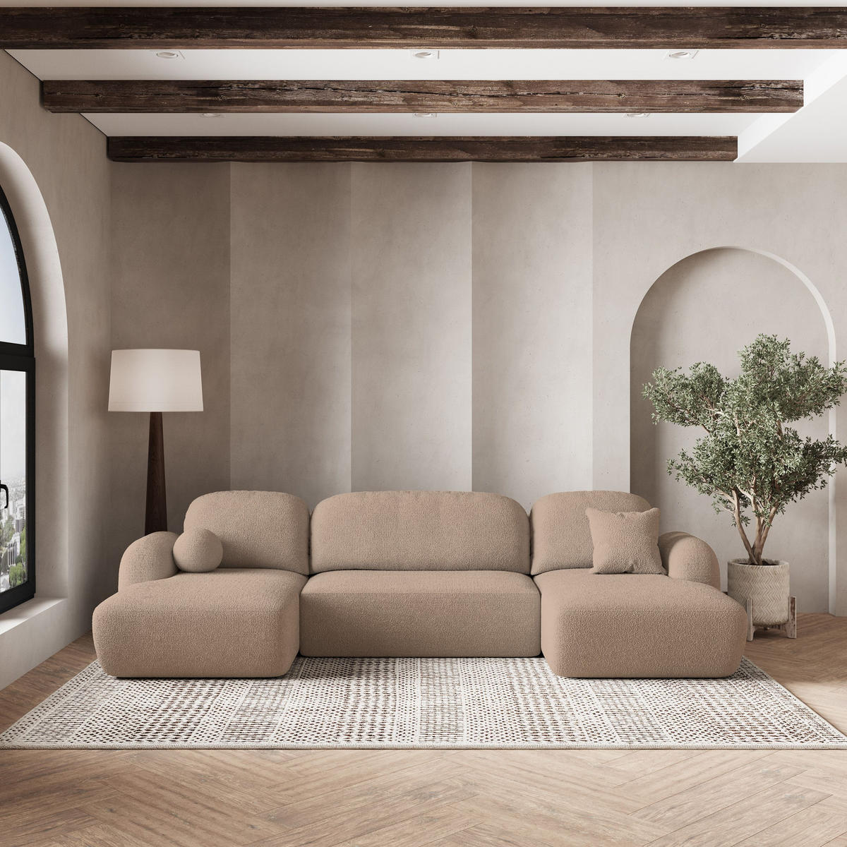 ROHOVÁ SEDAČKA SAVONA béžová - černá/béžová, dřevo/textil (320/148cm) - MASSENO