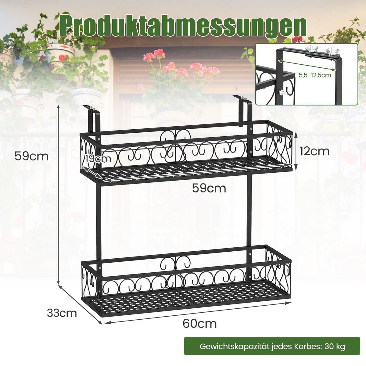 BLUMENREGAL Schwarz - Schwarz, Metall (33/59/60cm) - COSTWAY