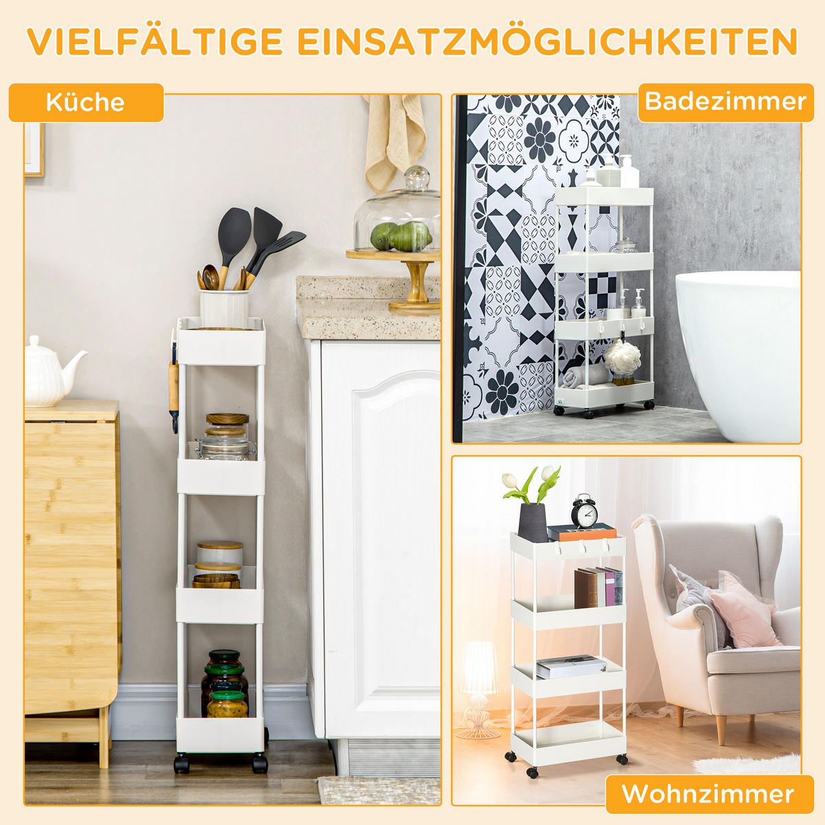 ROLLWAGEN, Küchenregal mit 4 Ebenen, Aufbewahrungsregal mit Rollen, Küchenwagen - Weiß, Metall (19/90/40cm) - HOMCOM