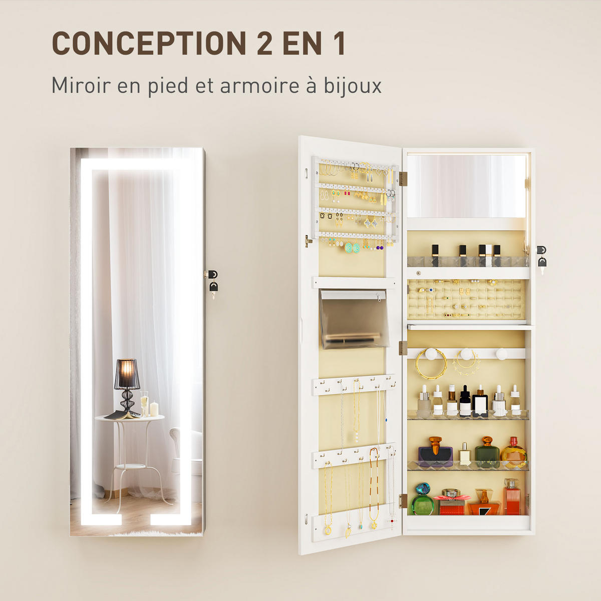 STANDSPIEGEL DE-18886 mit LED, abschließbar Weiß - Weiß, Holzwerkstoff (37/108/10.5cm) - ComfortXL