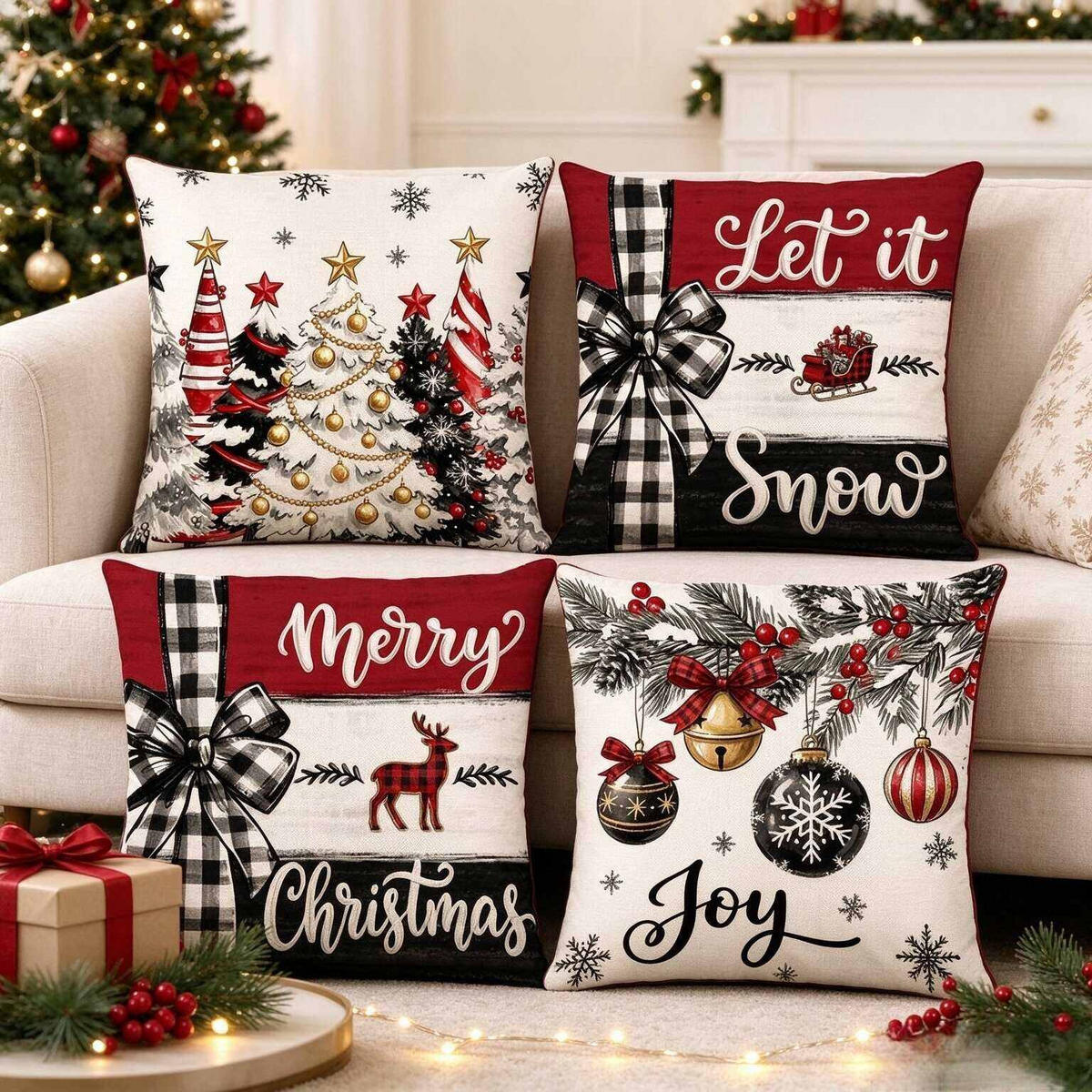 KISSENBEZUG – Weihnachtskissenbezug (Kissenfüllung nicht enthalten) – 45 x 45 cm – Multicolor(vier Stück) - Multicolor, Textil (45/45cm)