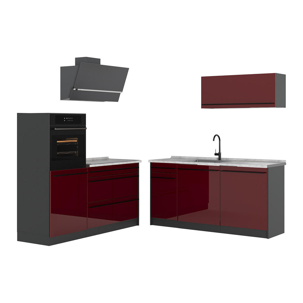 KÜCHENZEILE R-Line, Rot Hochglanz/Anthrazit, 160 cm Arbeitsplatte Marmor - Anthrazit/Rot, Holzwerkstoff (160/143/60cm) - Vicco