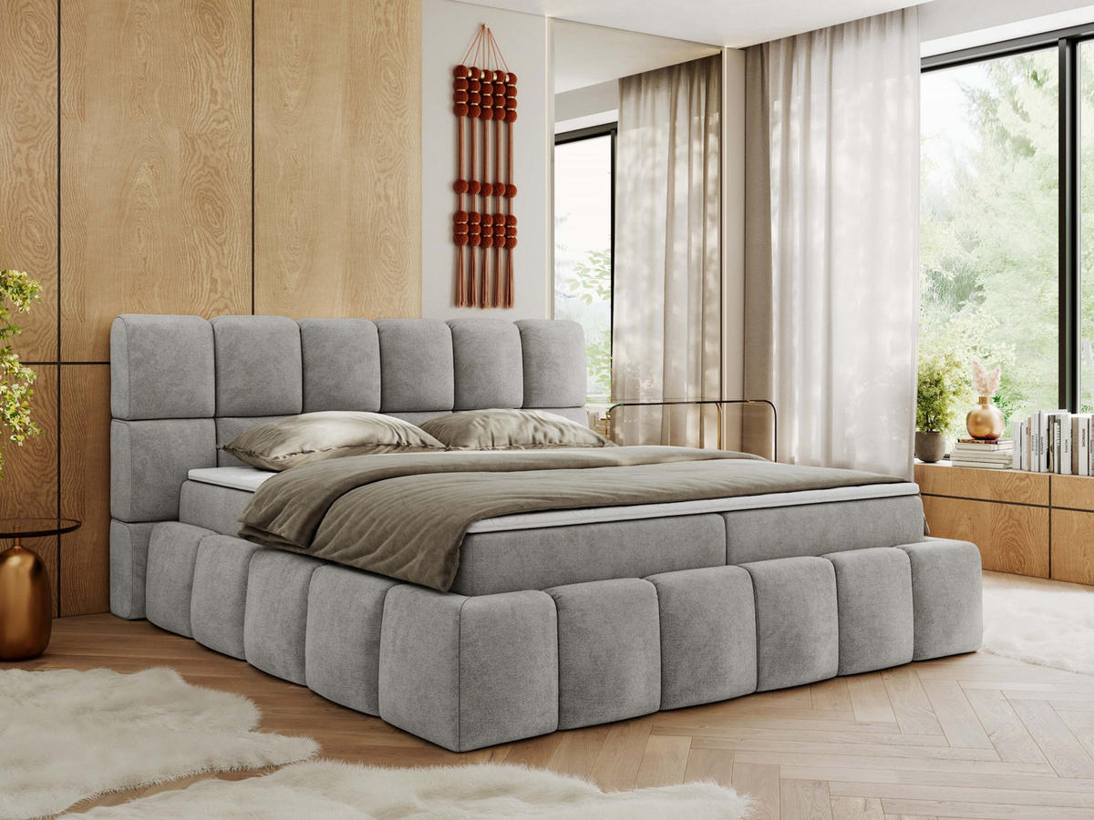 BOXBETT NIRA 140/200 - Hellgrau Strukture - H4 - Hellgrau, Holz/Textil (140/200cm) - MKS