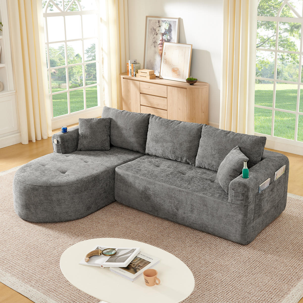 ECKSOFA DE-35043 L-Form mit Becherhalter Grau - Grau, Textil (170/255cm) - ComfortXL