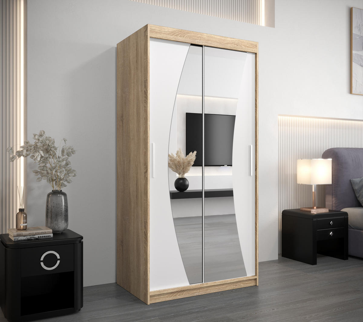 SCHWEBETÜRENSCHRANK 200/100/62 2-türig - Silberfarben/Weiß, Holz/Kunststoff (100/200/62cm) - Abiks Möbel