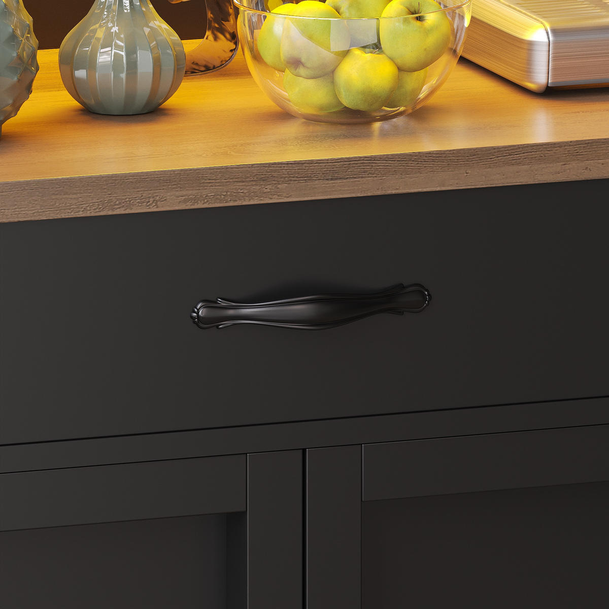 BUFFET Küchen-Hochschrank mit Rollwagen, Weinregal & Glastüren, Holzoptik, MDF/Glas/Metall modern - Schwarz, Holzwerkstoff/Metall (140/180/38cm) - EVRYAE