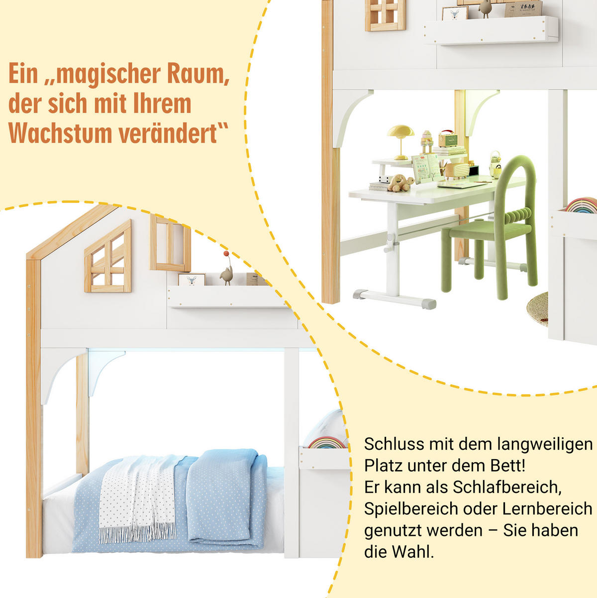 HAUSBETT 90/200 cm in Weiß aus Kiefer mit LED und Stauraumtreppe - Weiß, Holzwerkstoff (90/200cm) - BEAOK