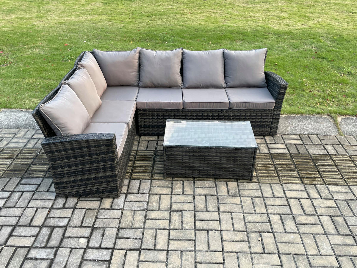 LOUNGEMÖBEL-SETS mit Couchtisch Sofa Polyrattan Dunkelgrau 6-Sitzer - Dunkelgrau/Grau, Glas/Kunststoff - Fimous