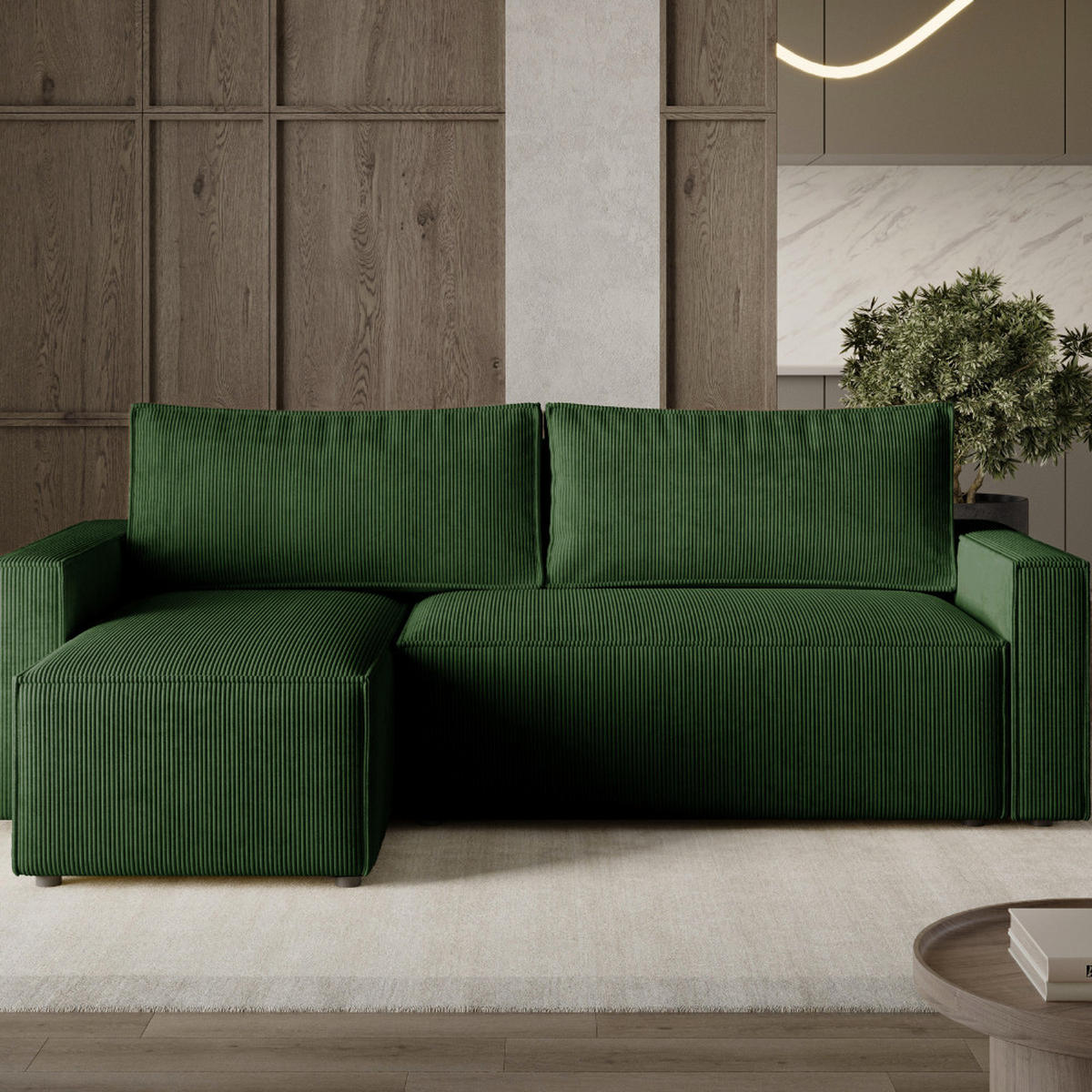 ECKSOFA LIVIO S mit Schlaffunktion, universell montierbar - POSO 14 - Dunkelgrün, Holz (230/142cm) - Dekori_Interiors