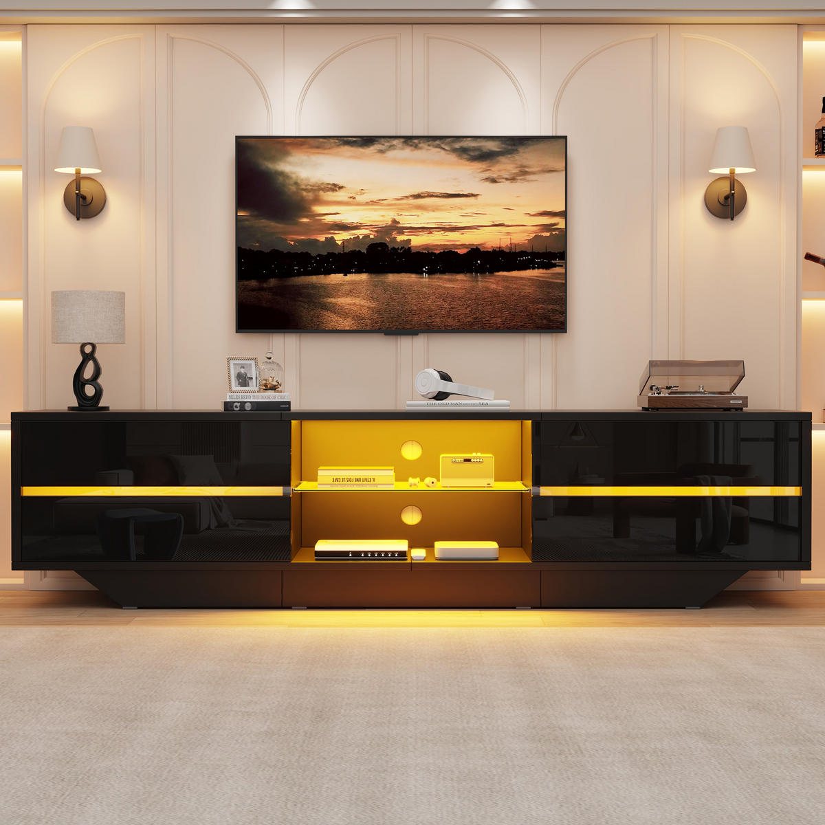 TV-LOWBOARD 160x35x44.5cm Schwarz mit LED und 2 Türen - Schwarz, Holzwerkstoff (160/44.5/35cm) - FLIEKS