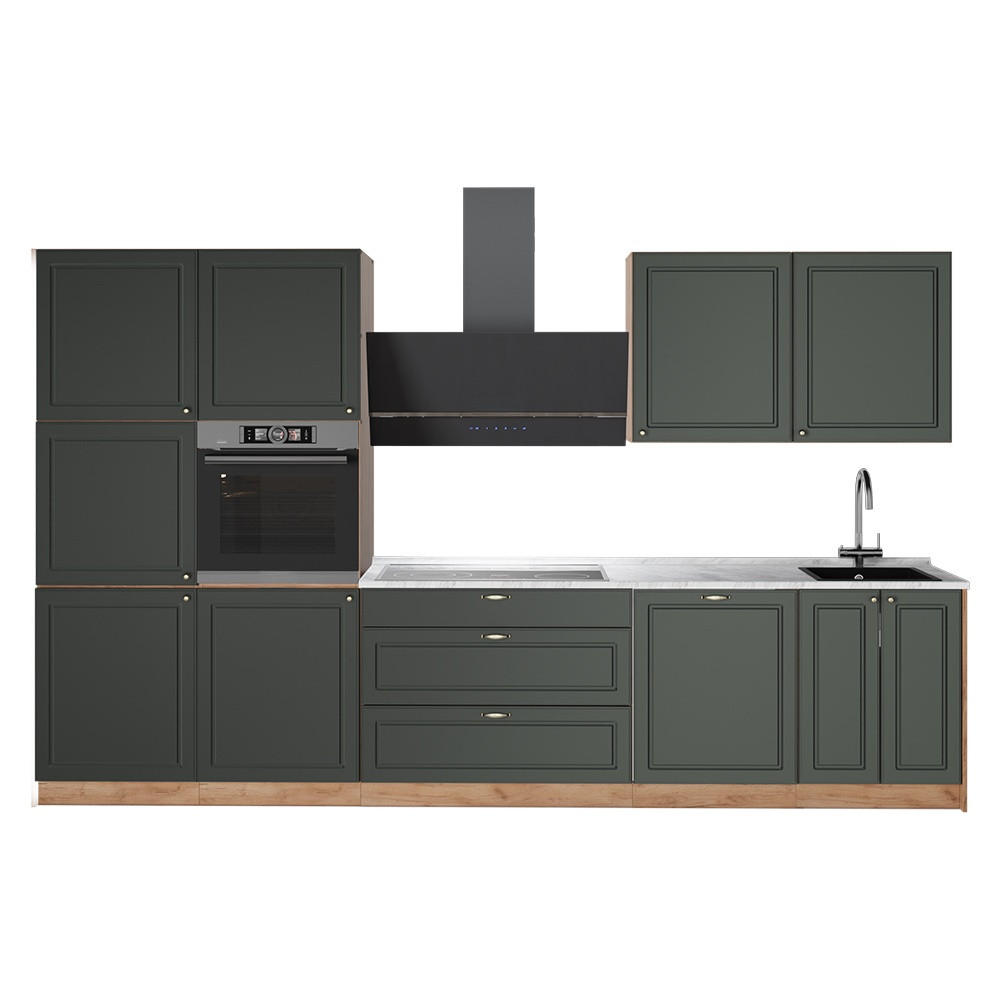 KÜCHENZEILE Fame-Line, Grün-Gold Landhaus/Goldkraft Eiche, 340 cm, AP Marmor - Honigeiche/Grün, Holzwerkstoff (340/206.8/60cm) - Vicco