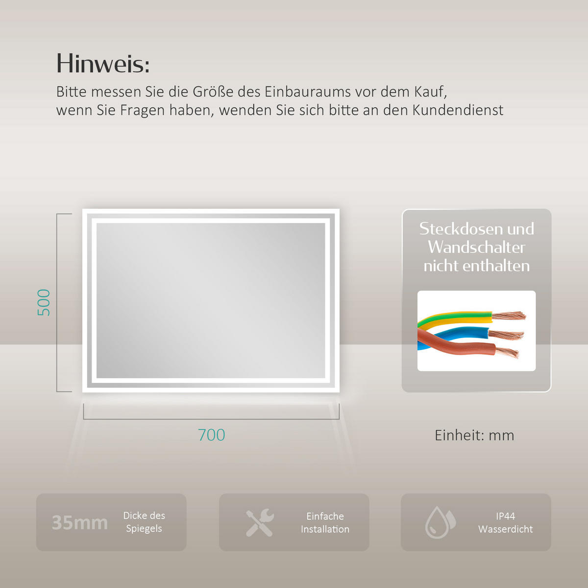 BADSPIEGEL mit Explosionsgeschützte Folie Beleuchtung 70/50/3,5 cm - Weiß, Glas (50/3.5/70cm) - EMKE