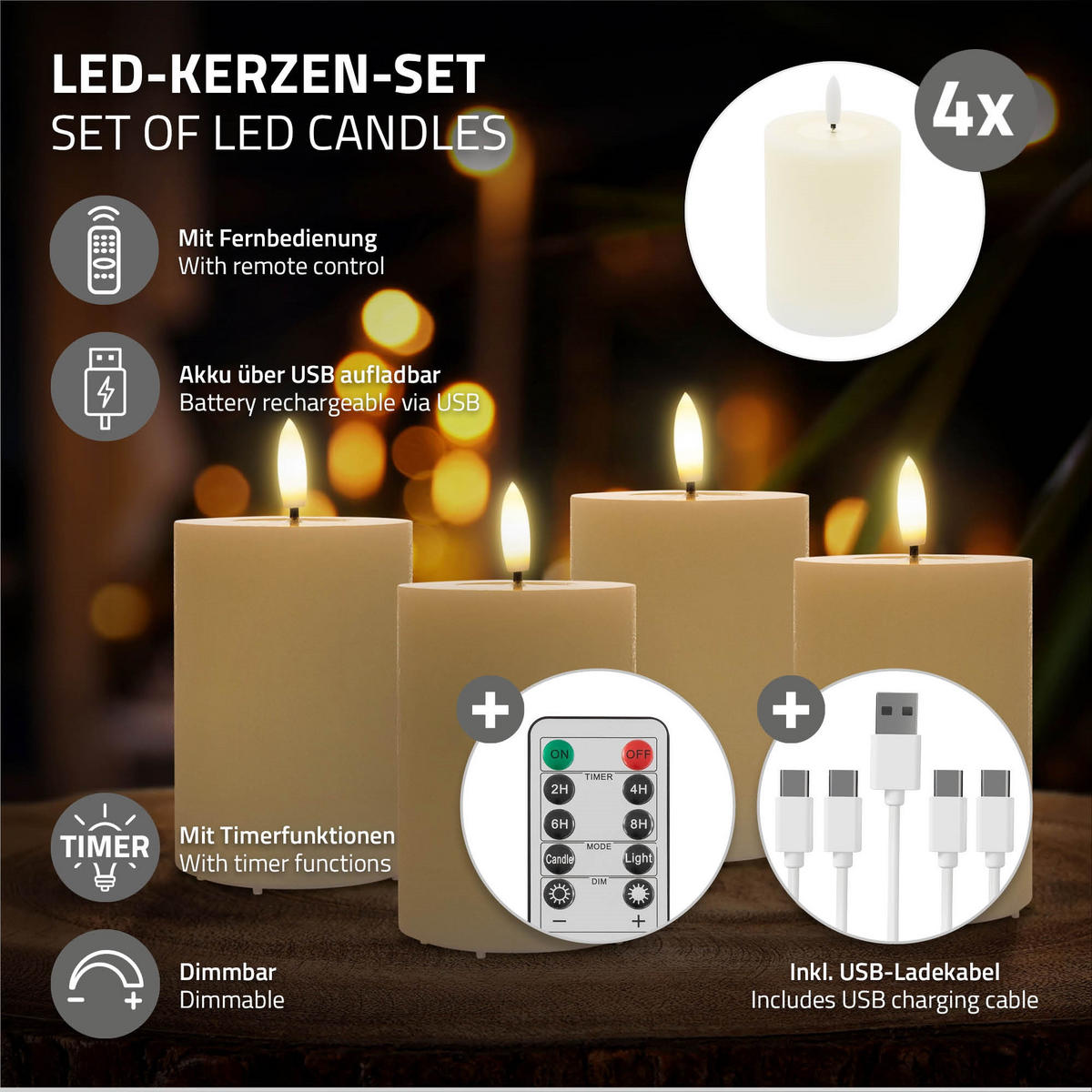 SADA 4 dobíjecích LED svíček z pravého vosku s dálkovým ovládáním, časovačem a stmíváním - krémová, plast (7/13.5/7cm) - ECD-Germany