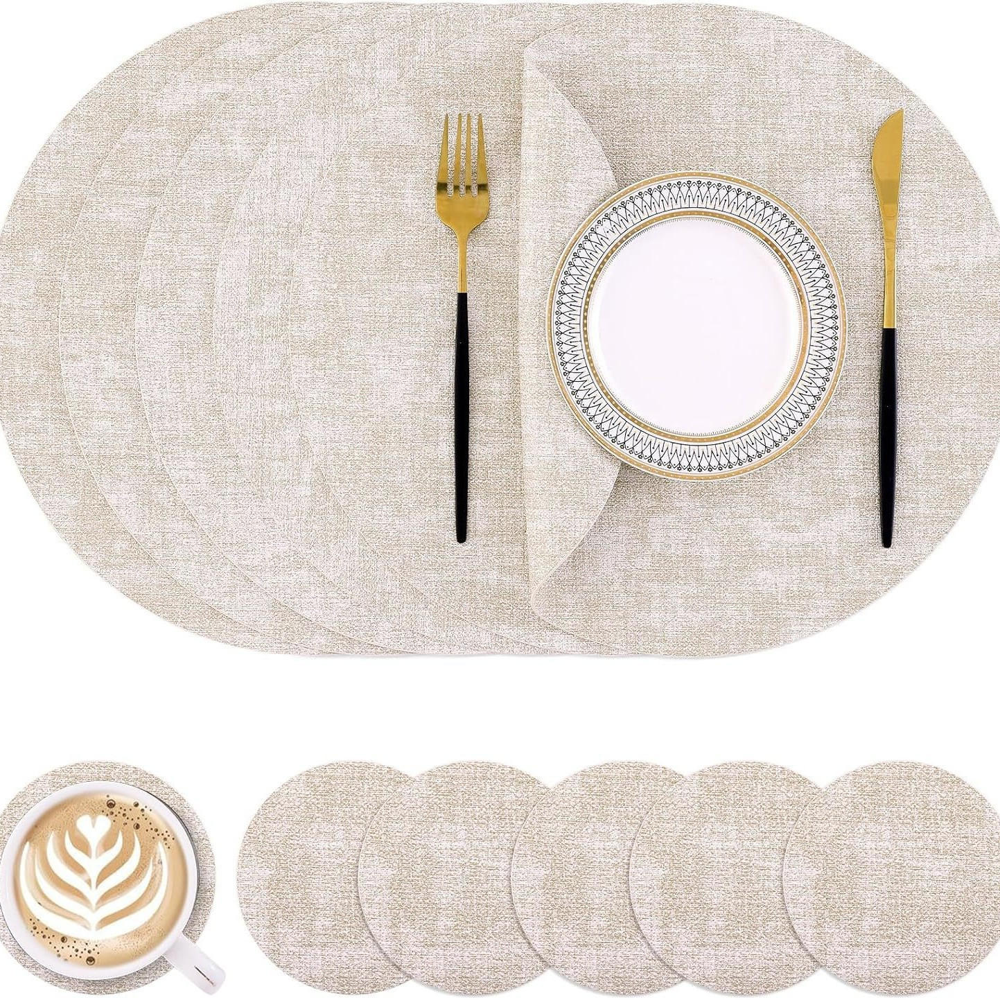 PLATZSETS (10-teiliges Set) – 33 cm – Beige - Weiß, Leder (33/33cm)