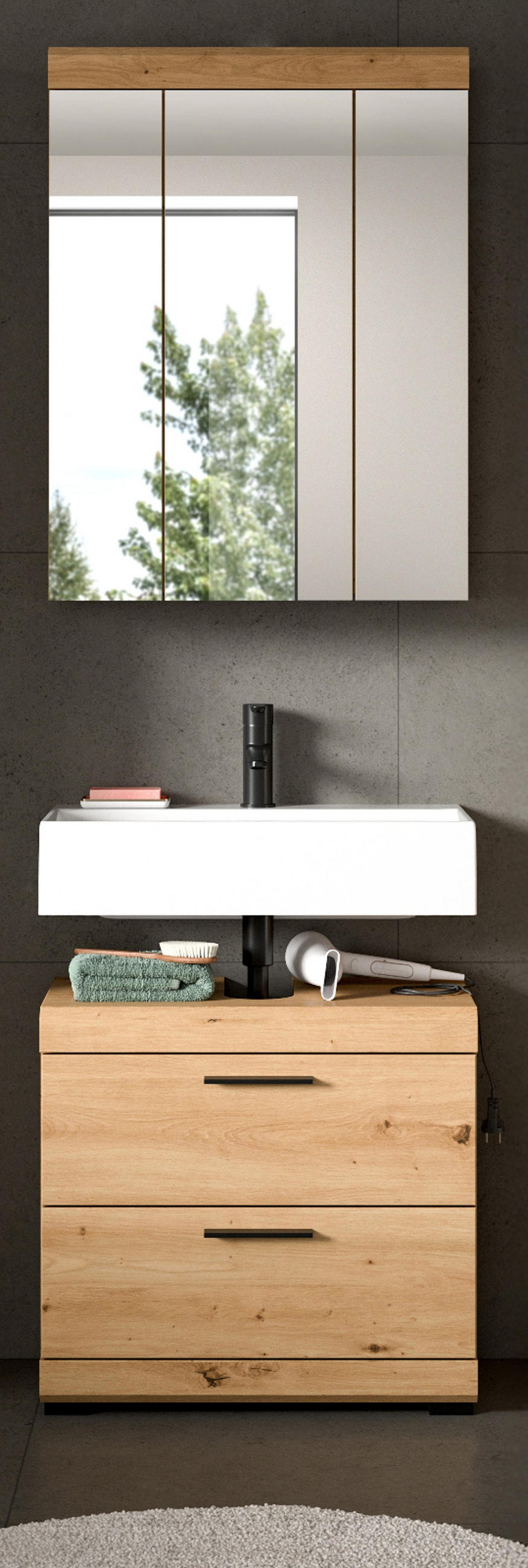 BADMÖBEL-SET Eiche Artisan 60 x 191 cm 2-teilig, Badkombination modernes Design - Schwarz/Eiche Artisan, Glas/Holzwerkstoff (60/191/34cm) - Inn.Furn