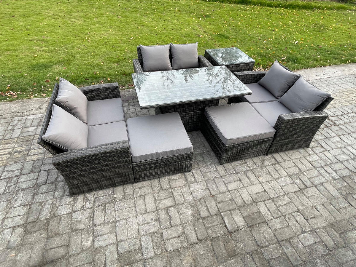 GARTENMÖBEL-SET HÖHENVERSTELLBARER ESSTISCH MIT DOPPELSITZ-SOFA 2 HOCKER BEISTELLTISCH Polyrattan Dunkelgrau Gemischt 8-Sitzer - Dunkelgrau, Metall - Fimous