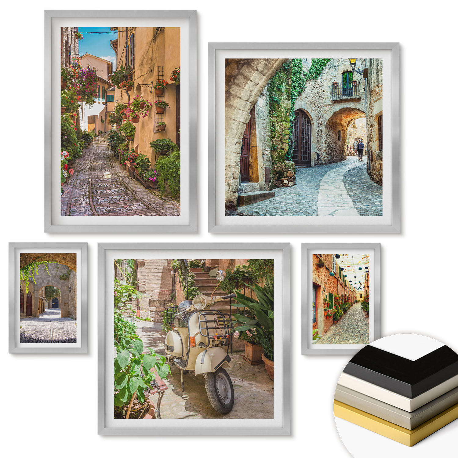 WANDBILDER 5er Set - 50x50 cm & 20x30 cm & 40x60 cm Silberner Rahmen - Porträts von Frauen mit Lippen - Silberfarben, Kunststoff (40/60cm) - ArtPrintCave