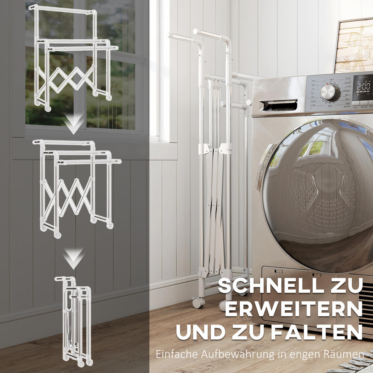 WÄSCHESTÄNDER Silberfarben ausziehbar mit Rollen - Silberfarben, Metall (150/197/103cm) - PANGIVO