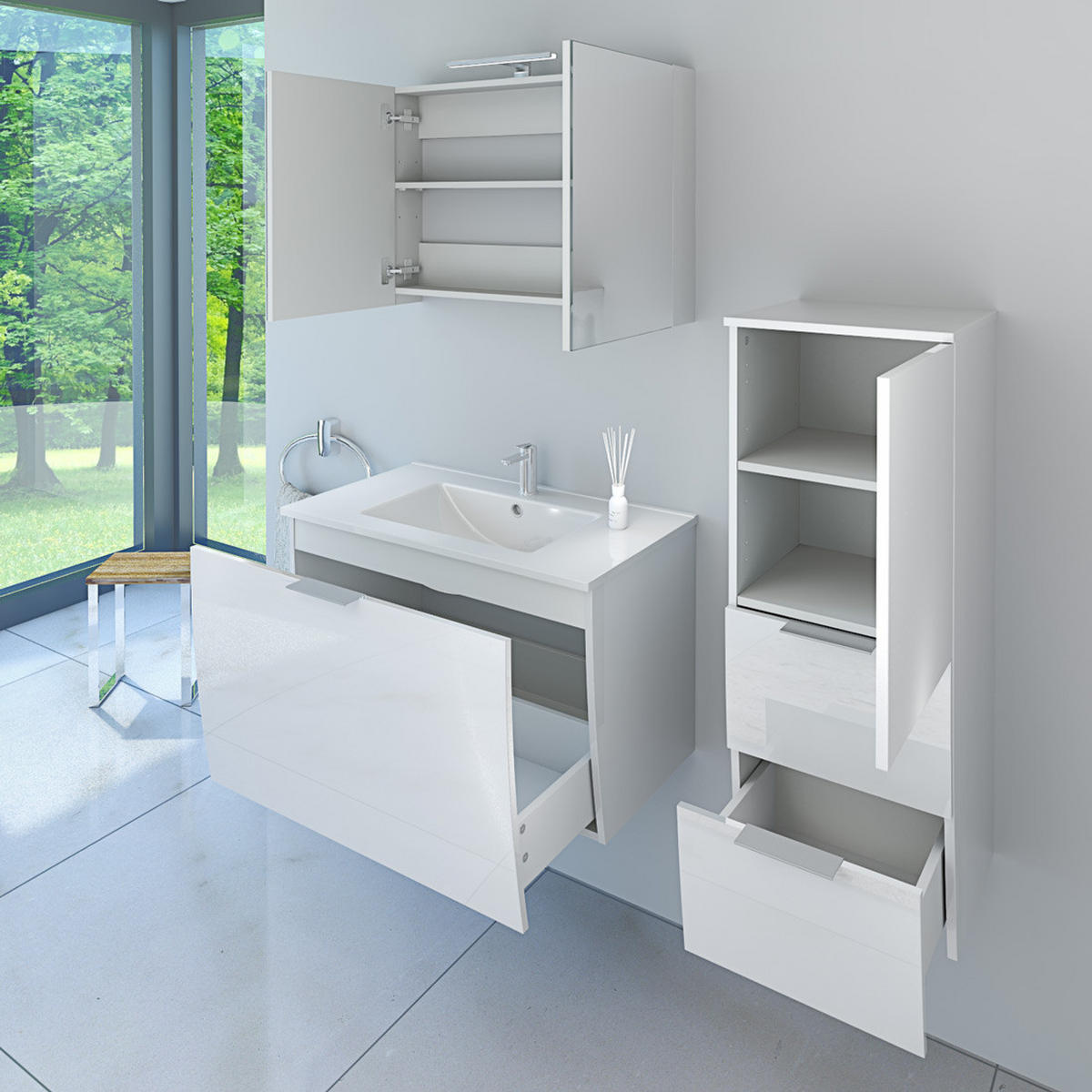 BADMÖBEL Set Gently 1 V2 R Weiß MDF Waschtisch 80cm - Weiß, Glas/Kunststoff (46/52/80cm) - AcquaVapore by Sandra Jentho