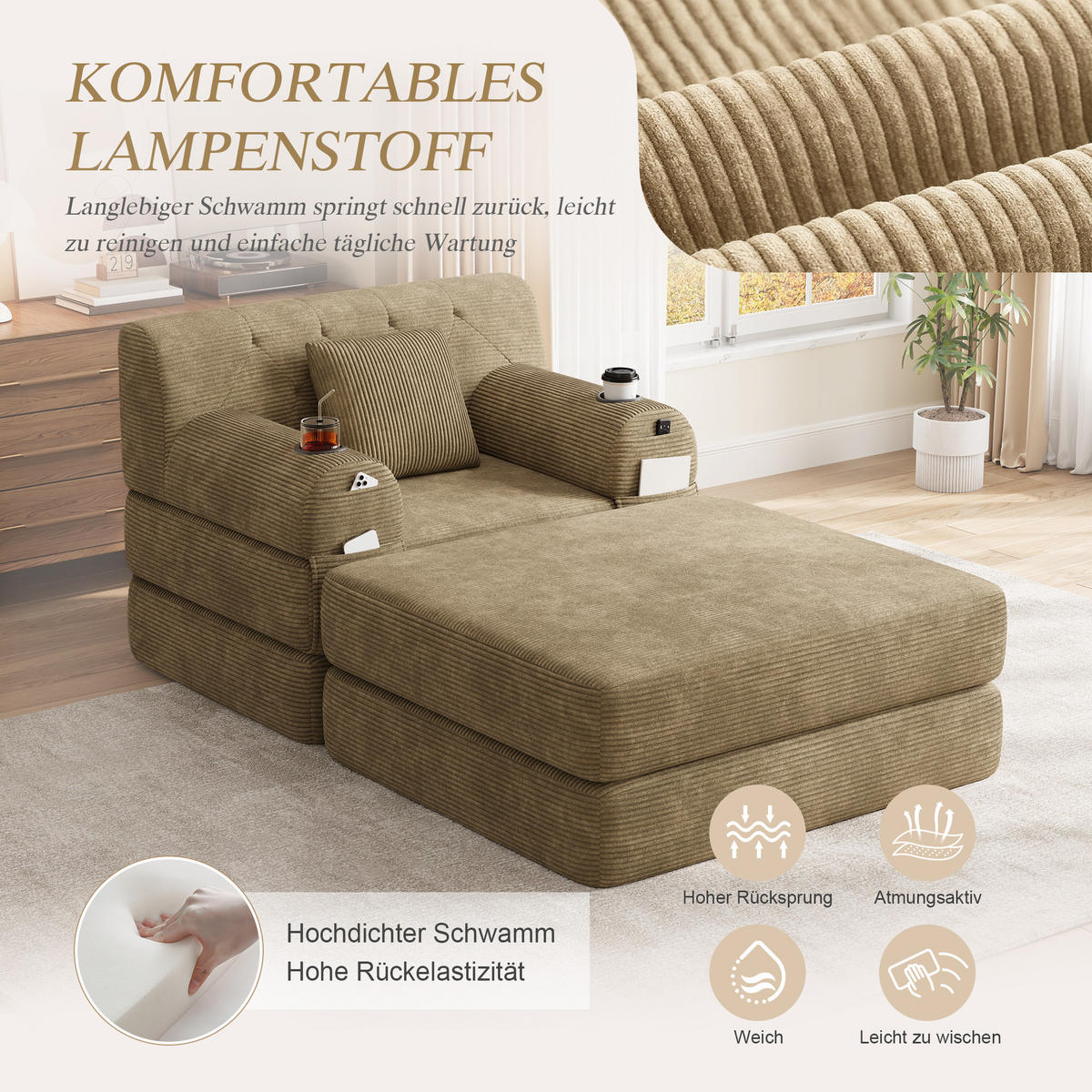 SCHLAFSOFA mit Hocker und Liegefunktion aus Cord Khaki - Taupe, Textil (191/60/162cm) - EVRYAE