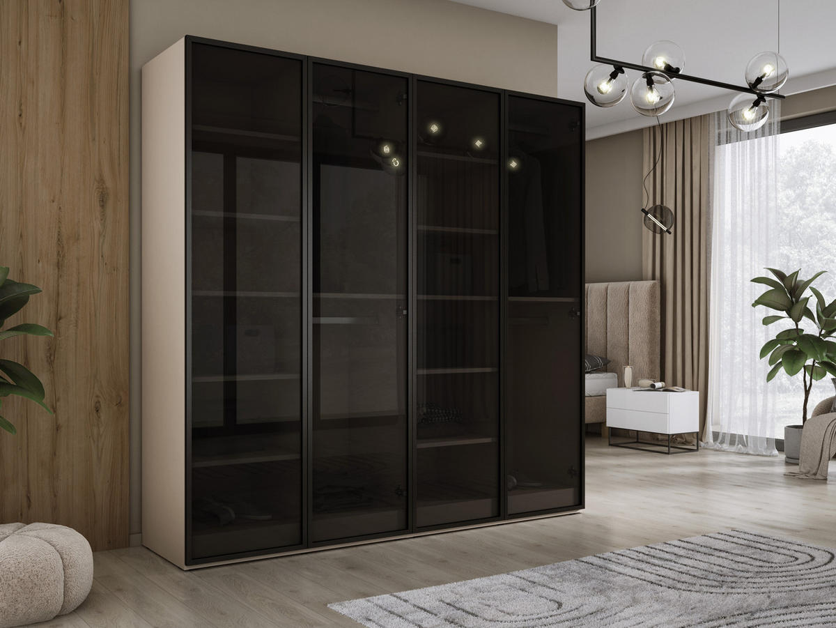 KLEIDERSCHRANK, Sandbeige / Antisol Glas, 200 x 200 x 51 cm - Sandfarben/Schwarz, Holzwerkstoff (200/200/51cm) - 3XE LIVING