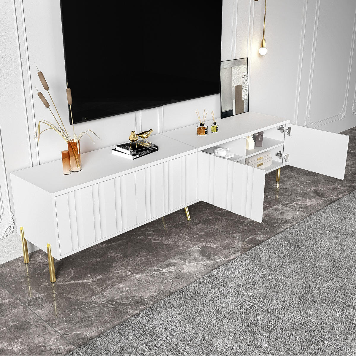 TV-SCHRANK in Weiß mit 4 Türen und goldfarbenen Füßen 190/38/48 cm - Weiß, Holzwerkstoff (190/48/38cm) - Redom