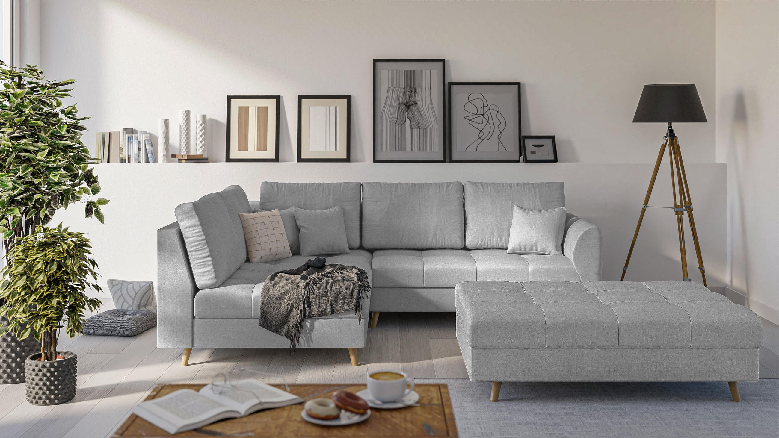 ECKSOFA MIT HOCKER Lorine Mikrofaser Grau - Hellbraun/Grau, Buchenholz/Textil (231/161cm) - S-Style Möbel