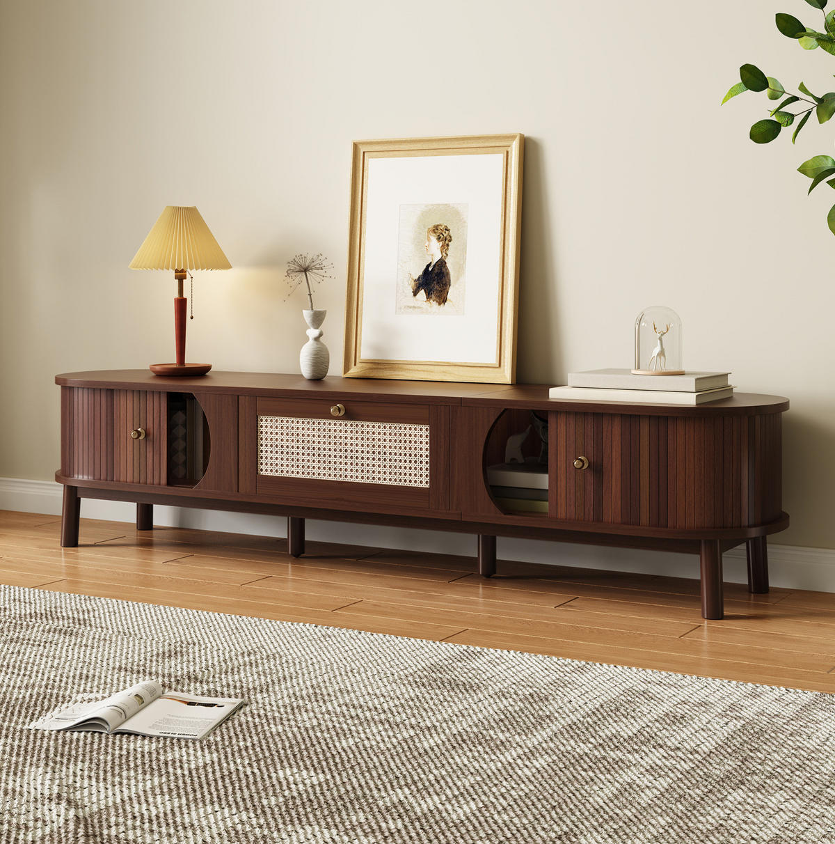 TV-SCHRANK mit Rattan-Schubladen und Türen in Holzoptik 170/38/39.5 cm - Eichefarben, Holzwerkstoff (170/38/39.5cm) - Redom
