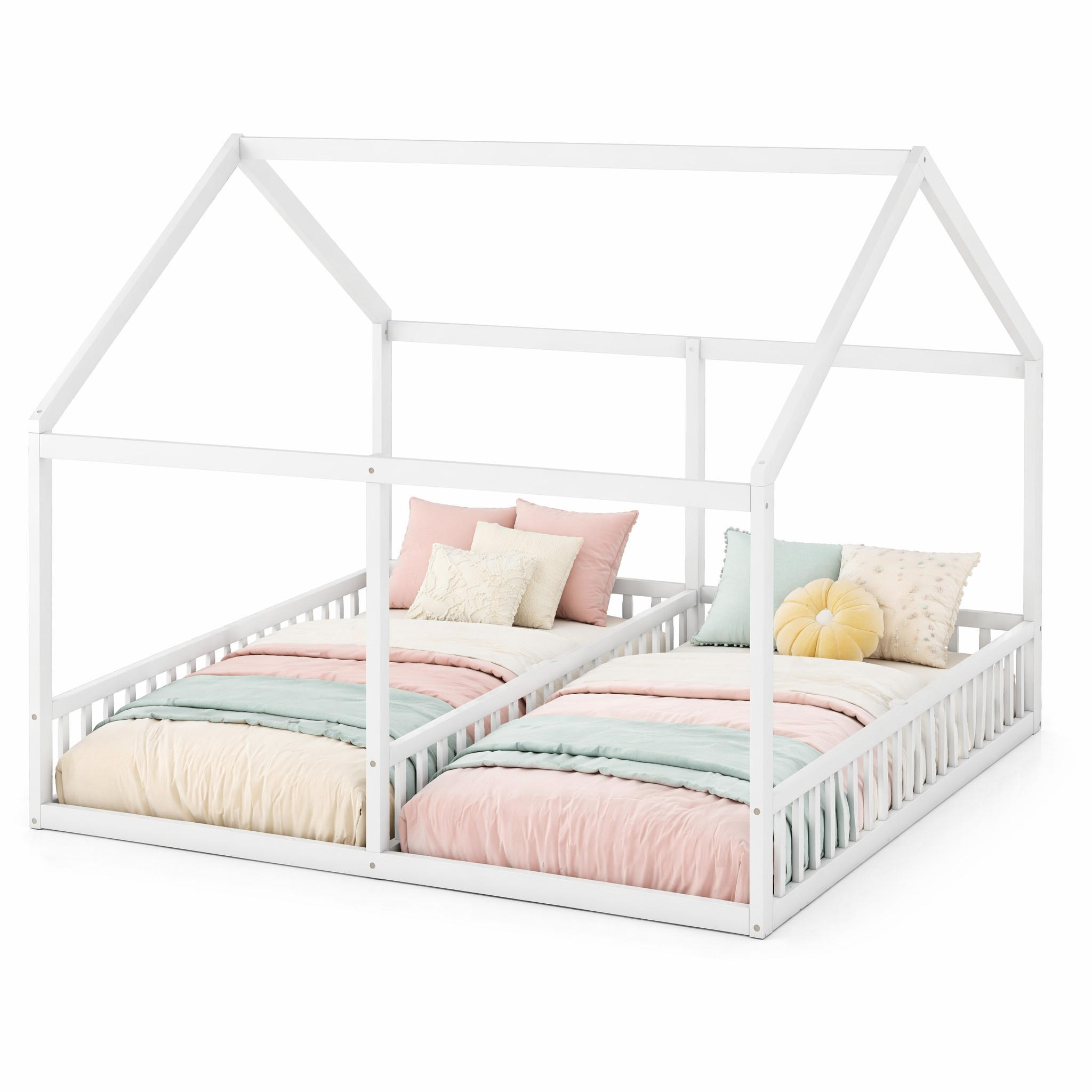 HAUSBETT 90/200 mit Hausdesign und Sicherheitsgeländer in Weiß - Weiß, Holzwerkstoff (90/200cm) - EVRYAE