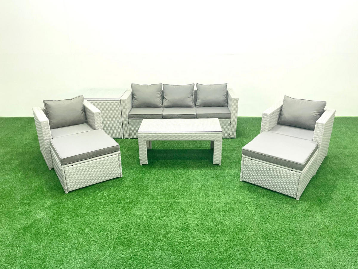 GARTENSET mit 3-SITZER SOFA,COUCHTISCH Polyrattan Hellgrau-Mix 7-Sitzer - Hellgrau/Grau, Glas/Kunststoff - Fimous
