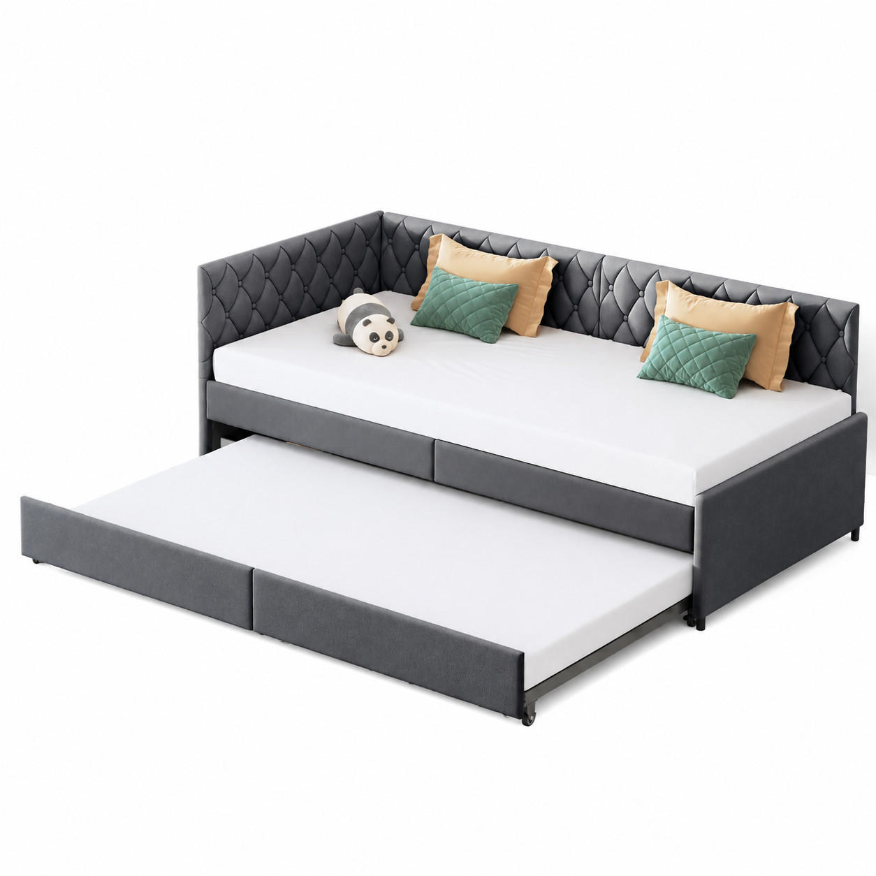SCHLAFSOFA Samt dunkelgrau mit ausziehbarem Gästebett, gestepptes Eckkopfteil mit Rollen - Anthrazit, Metall (187.5/70/205cm) - Joyfair
