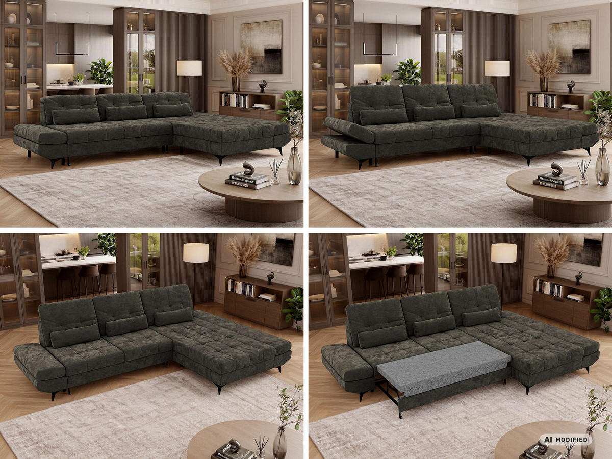 ECKSOFA ALVENO L - Dunkelgrau Schenille glatt - Rechts Seite - Dunkelgrau/Schwarz, Textil/Metall (344/218cm) - MKS
