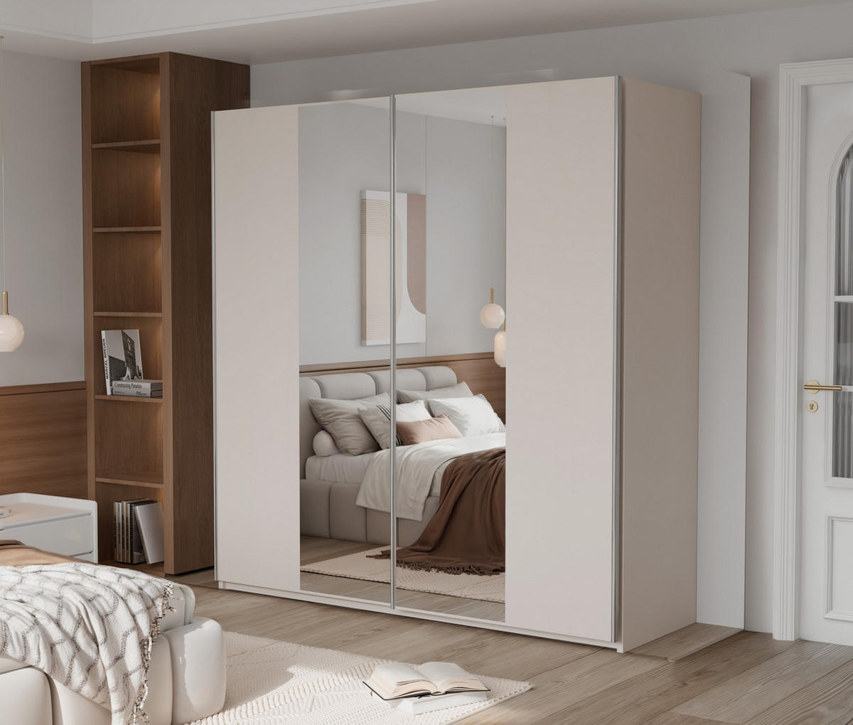 SCHWEBETÜRENSCHRANK SAMIRA 200/210/65 cm 2-türig mit Spiegel Beige - Beige, Holzwerkstoff (200/210/65cm) - MASSENO