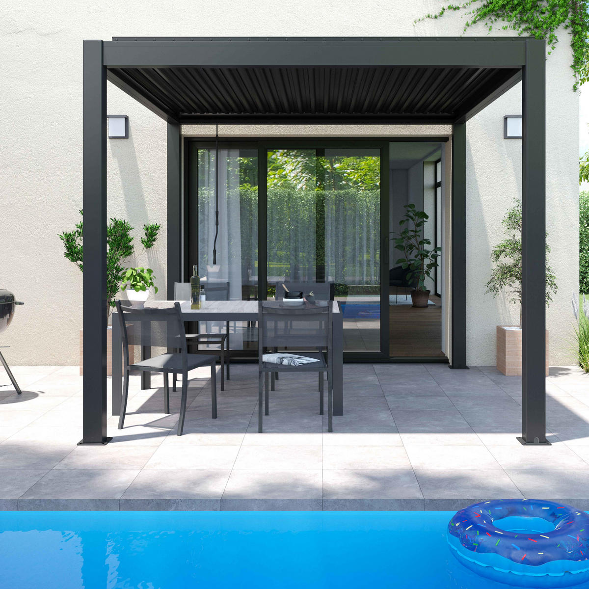 PERGOLA 3x3m, motorisiert mit 3 Markisen, Grau - Grau, Metall (296/257/296cm) - Oviala