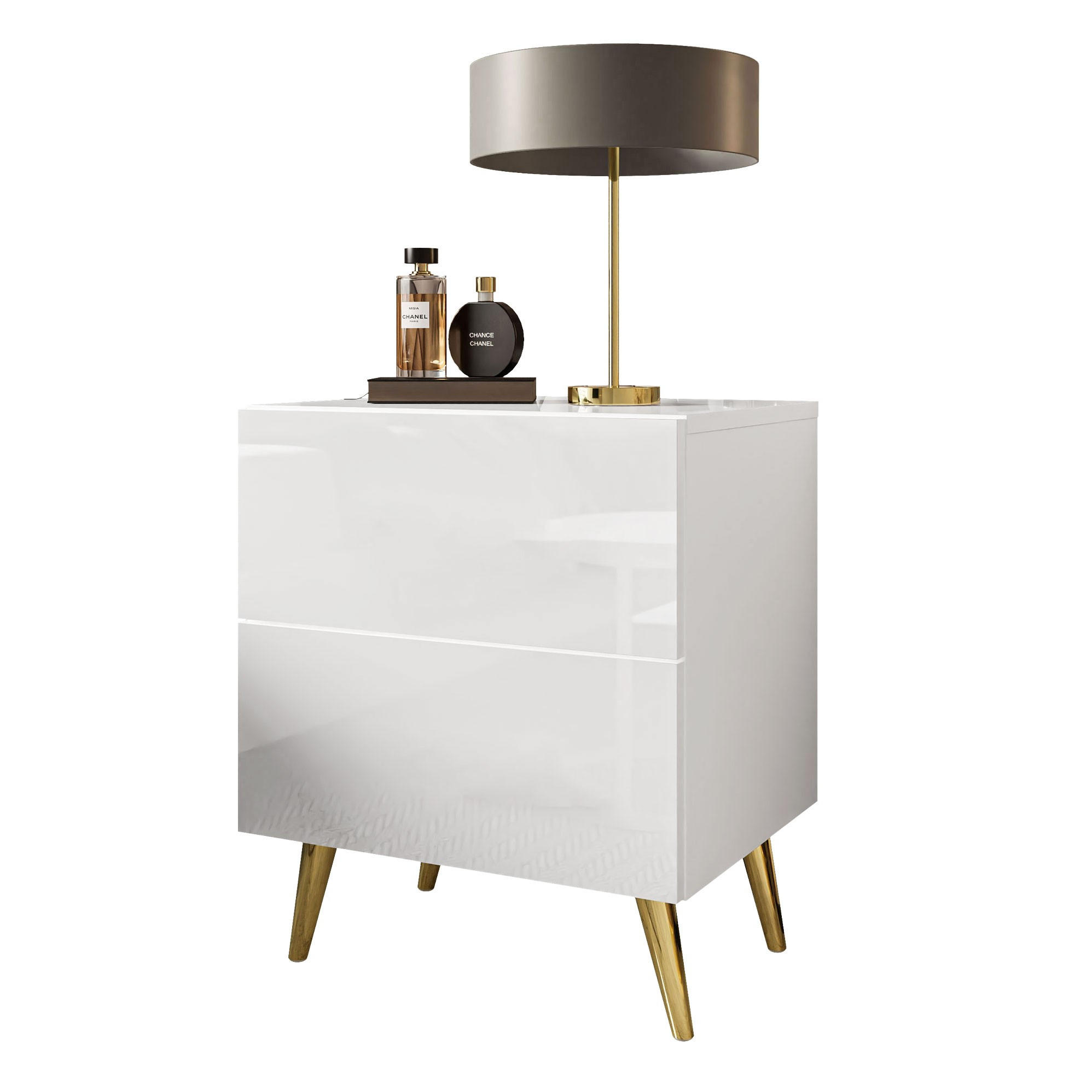 NACHTTISCH AURA LUX PUSH OPEN auf Beinen – Beinfarbe: Gold - Weiß, Holzwerkstoff (45/55/38.5cm) - Lookway