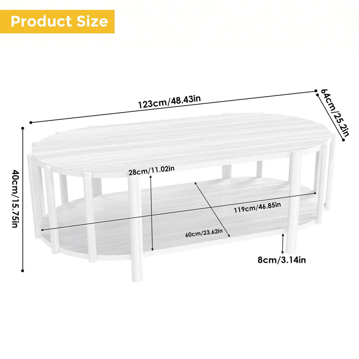 OVALER Couchtisch mit Stauraum – Moderner Wohnzimmertisch in Naturholz-Optik, 119 cm lang, MDF, Weiß - Weiß, Holzwerkstoff (119/60/40cm) - Ej. Life