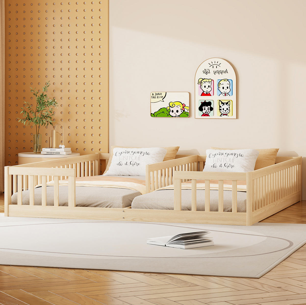 KINDERBETT aus Kiefer und MDF 90x200 cm Natur mit Lattenrost, Sicherheitsgitter und Platz für 2 Kinder - Naturfarben, Holzwerkstoff (90/200cm) - Modfu