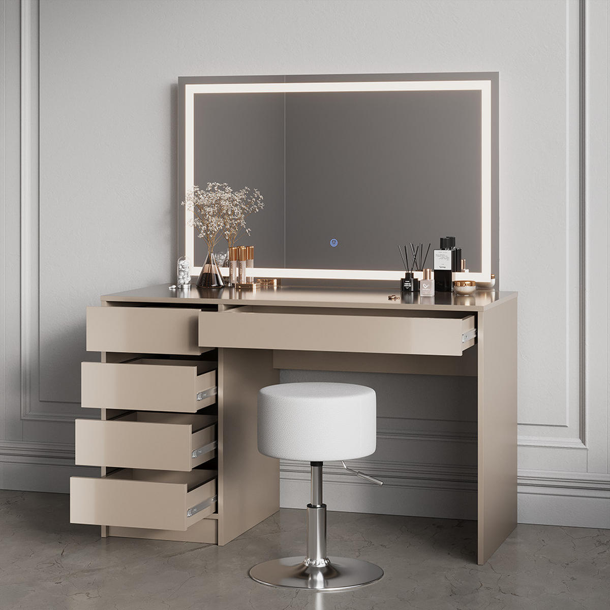 SCHMINKTISCH Imola Greige 120 cm mit LED-Spiegel - Greige, Holzwerkstoff (120/75/55cm) - Livinity®