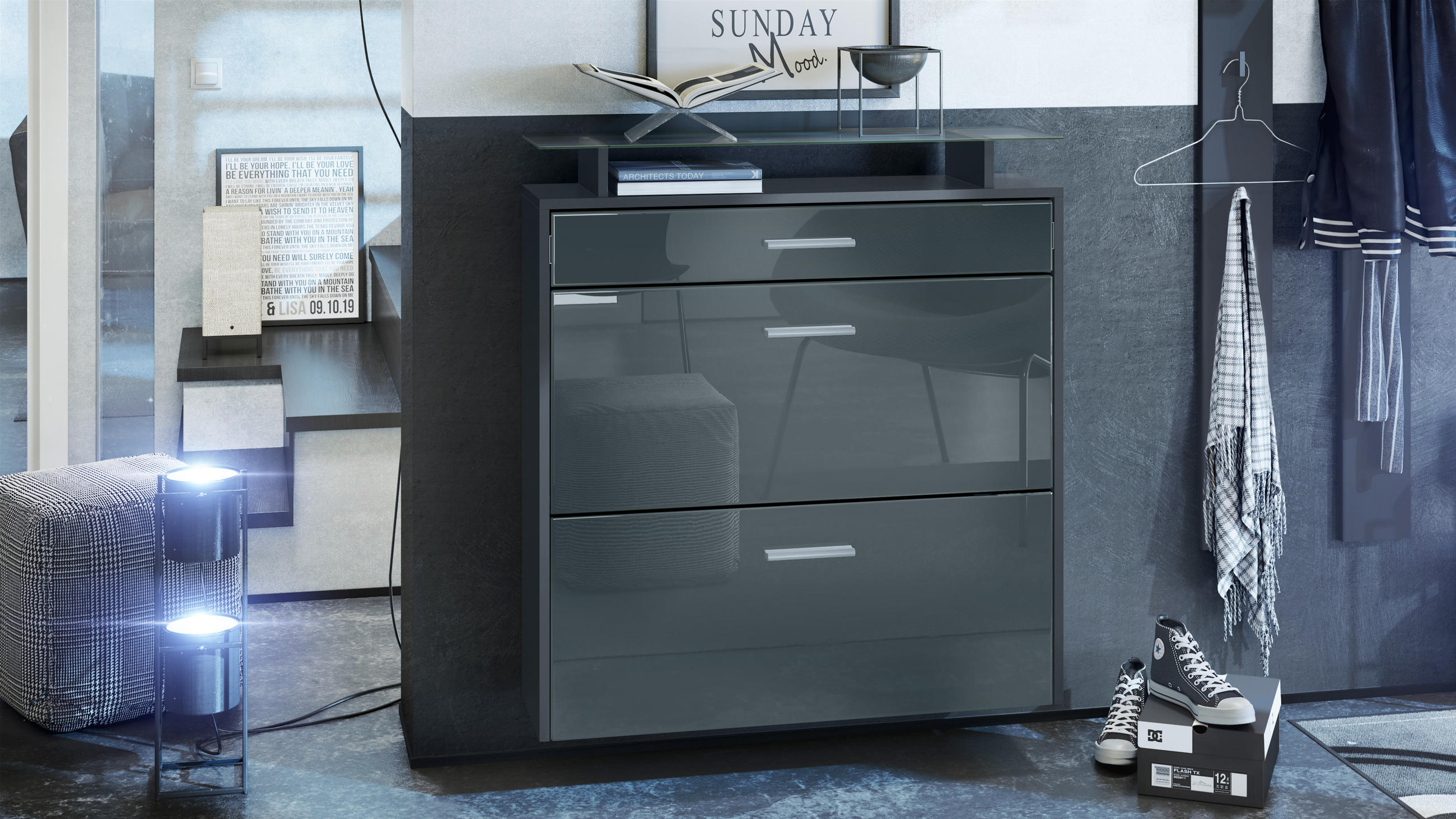 SCHUHSCHRANK Malea Fronten in Grau Hochglanz - Grau, Holzwerkstoff (89/96/23cm) - Vladon