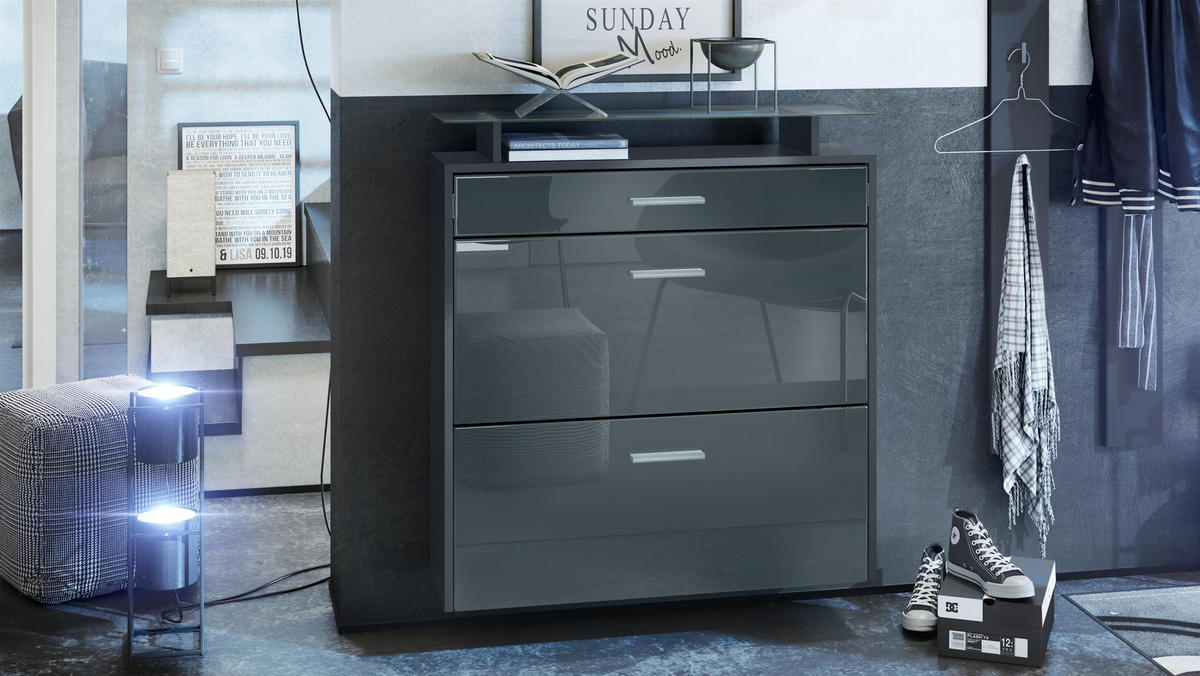 SCHUHSCHRANK Malea Fronten in Grau Hochglanz - Grau, Holzwerkstoff (89/96/23cm) - Vladon