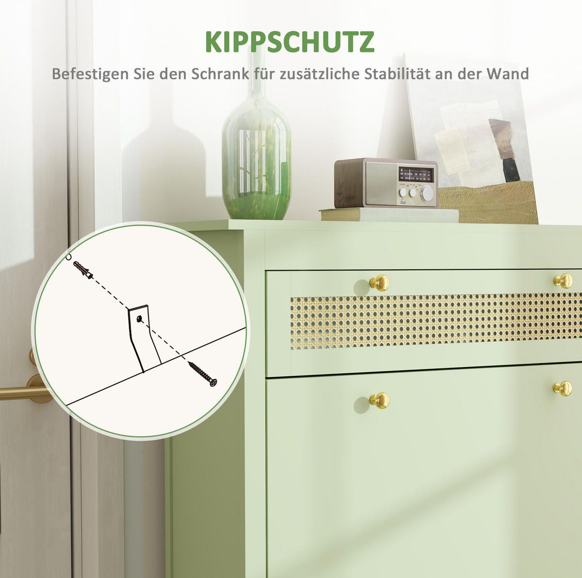 SCHUHSCHRANK aus Holz 88x30x120cm in Grün mit 2 Klappen & Schublade - Grün, Holz (88/120/30cm) - Modfu