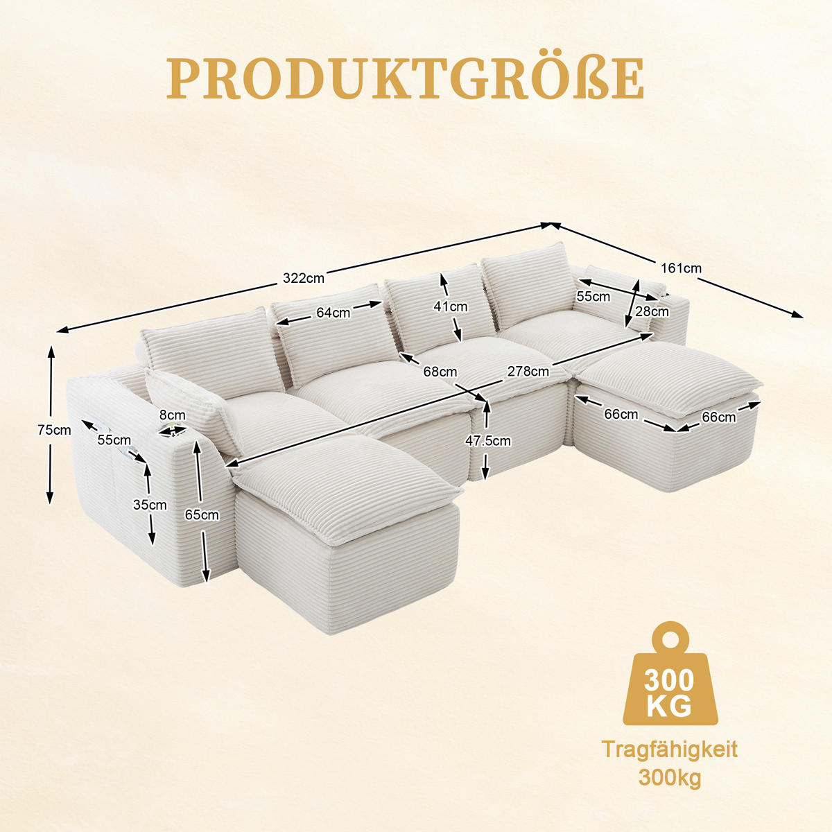 4-SITZER-SOFA aus Chenille, modular mit 2 Fußhockern und Getränkehaltern - Beige, Textil (322/75/161cm) - Urban Meuble