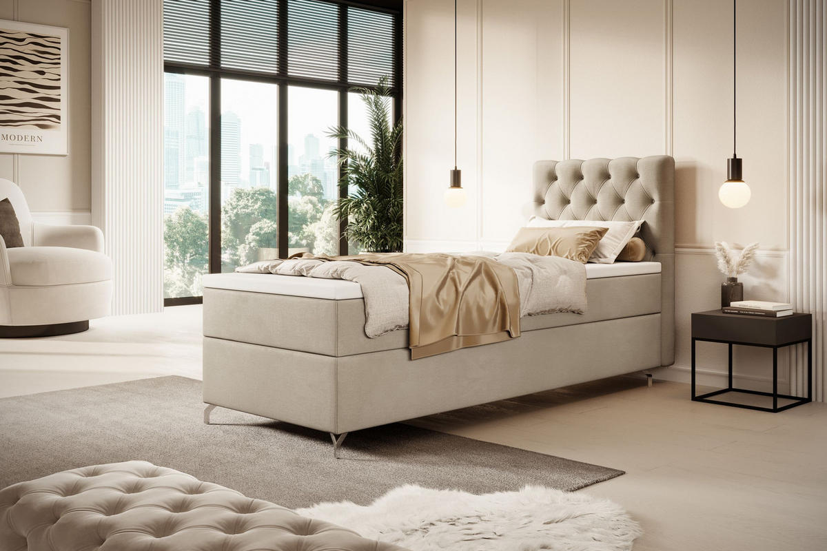 BOXBETT CHESTER mit Matratze H3, Bonell und Topper 80x200 Monolith 02 Rechts - Beige, Textil (80/200cm) - Bedante