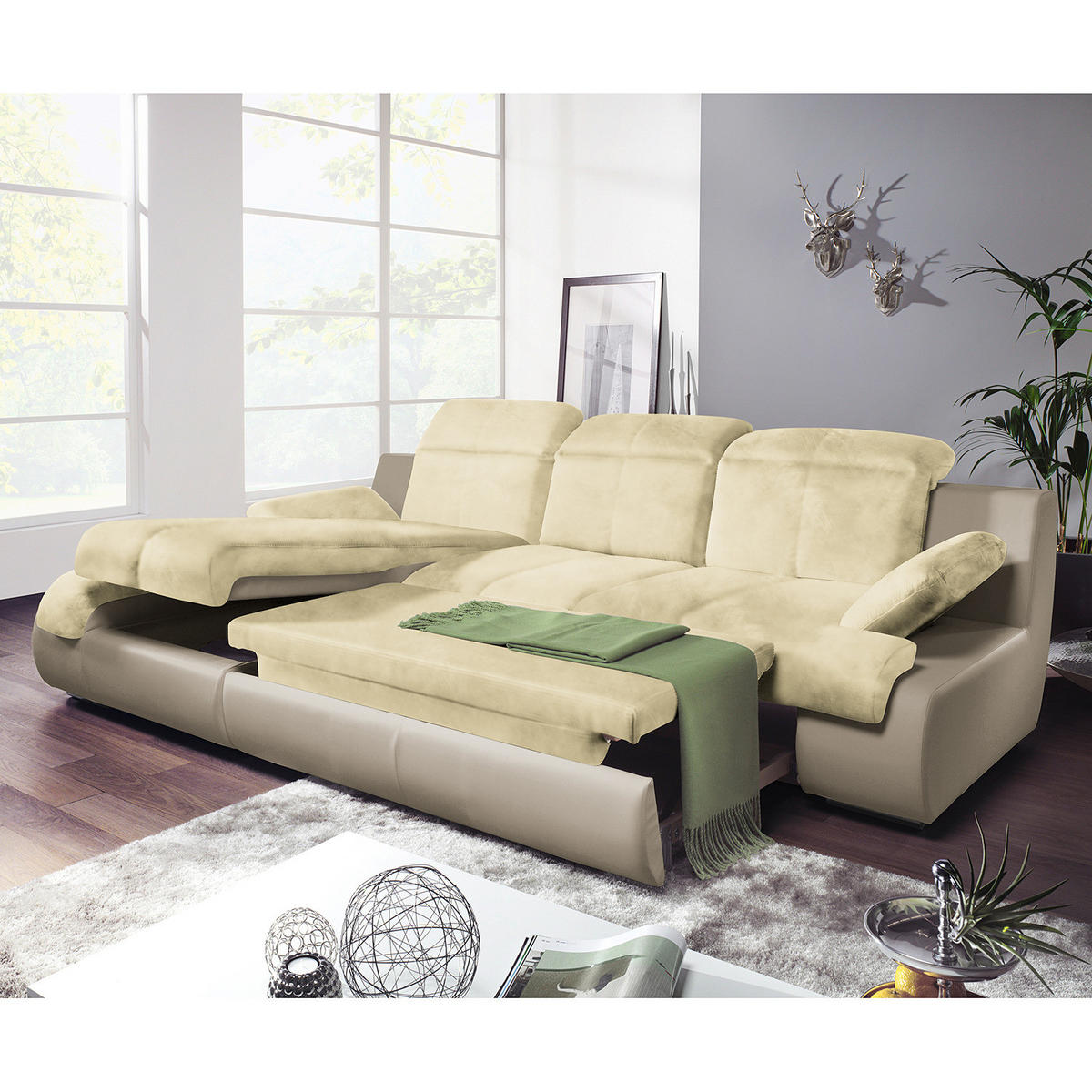 ECKSOFA mit Schlaffunktion - Kunstleder / Mikrofaser - Sandfarben/Beige, Kunststoff/Textil (260/184cm) - home24